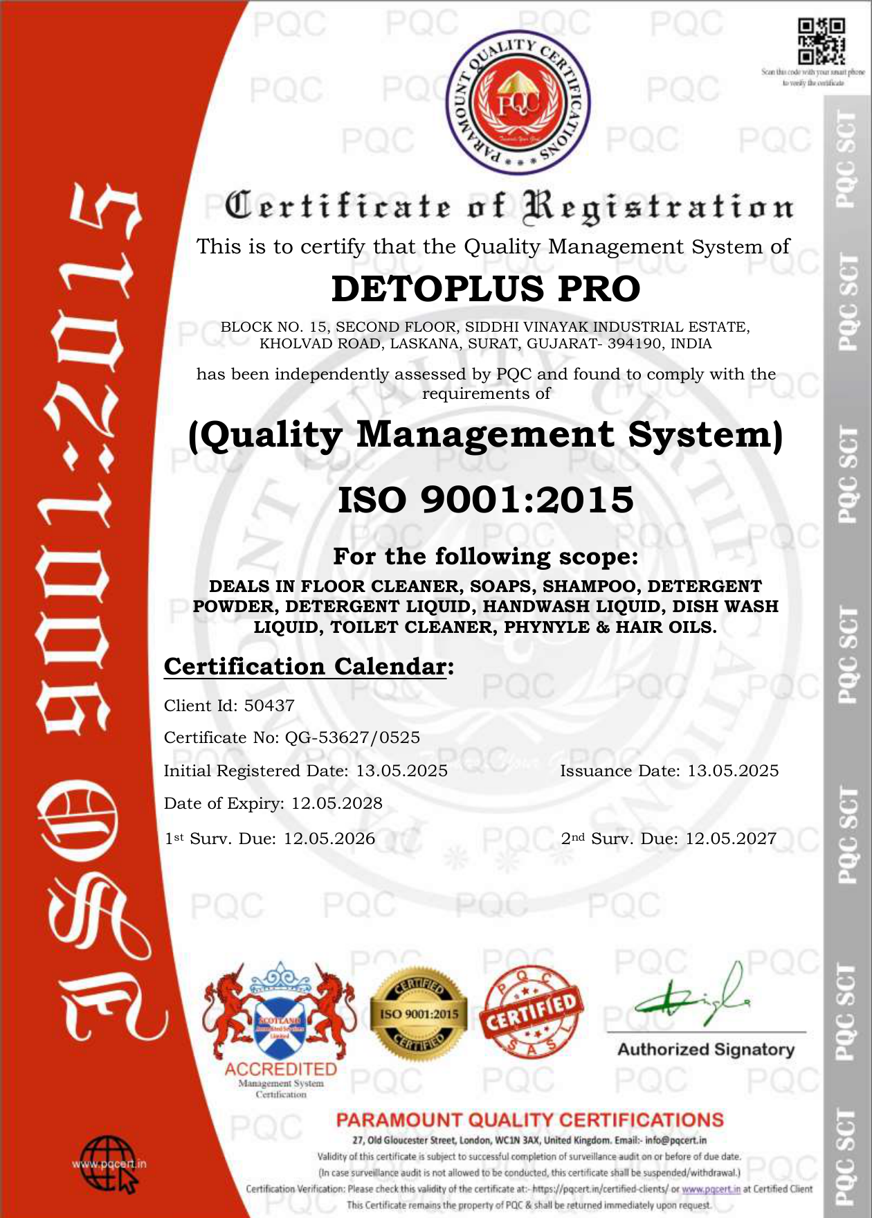 ISO 9001:2015 Quality Management System Certificate - Detoplus Pro